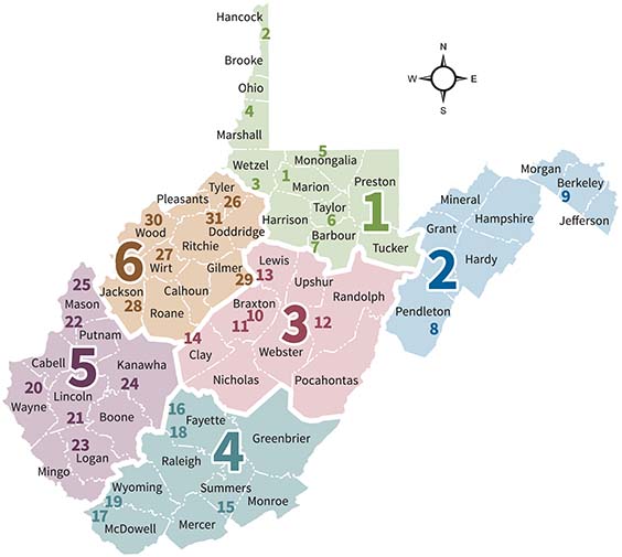 West Virginia Shooting Ranges Map by Districts