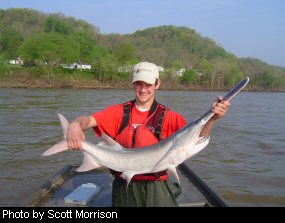 Caleb Washburn of Parkersburg proudly displays a paddlefish caught on the Ohio River